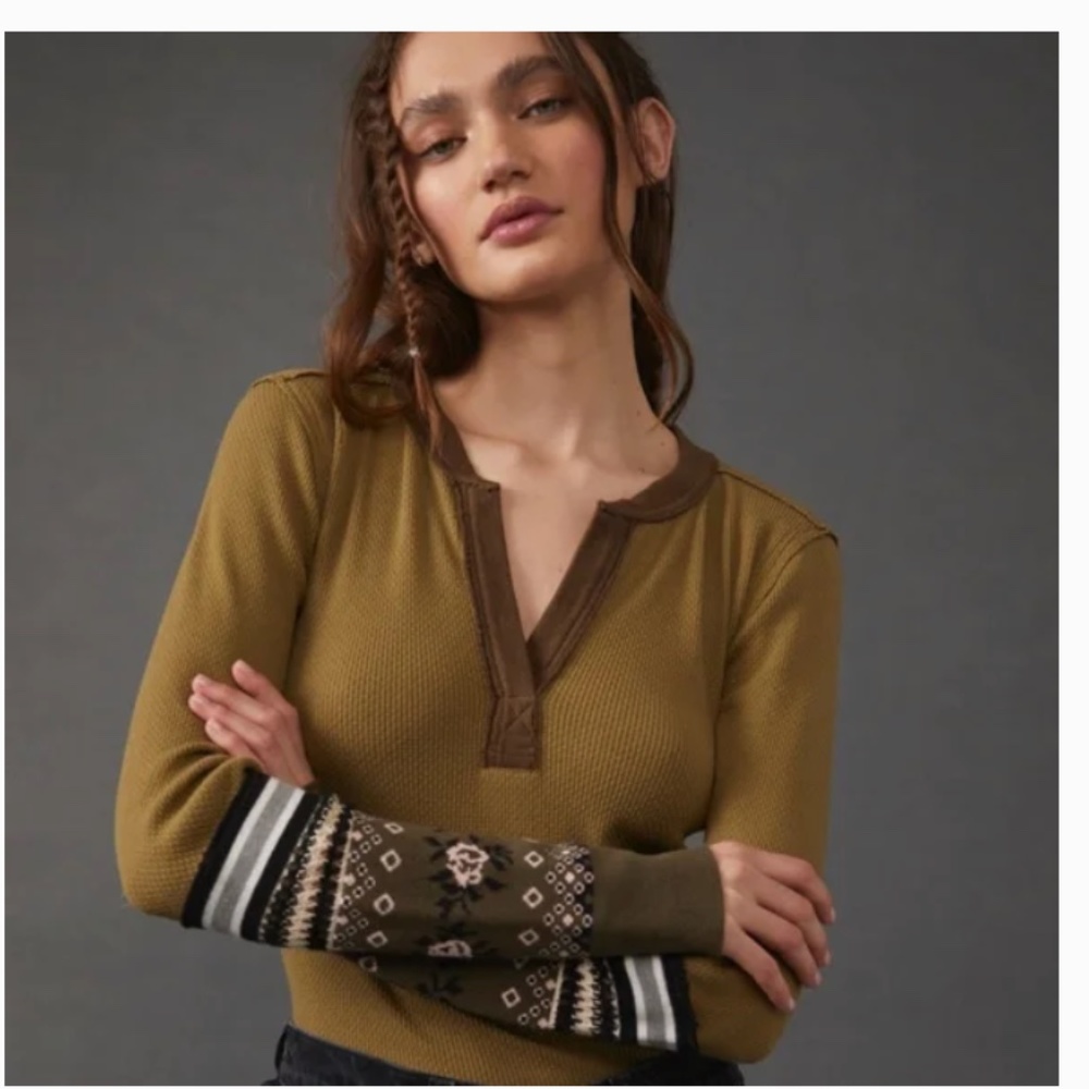 Free People Mikah Layering CUff Thermal Long Sleeve Green Embroidered button XS